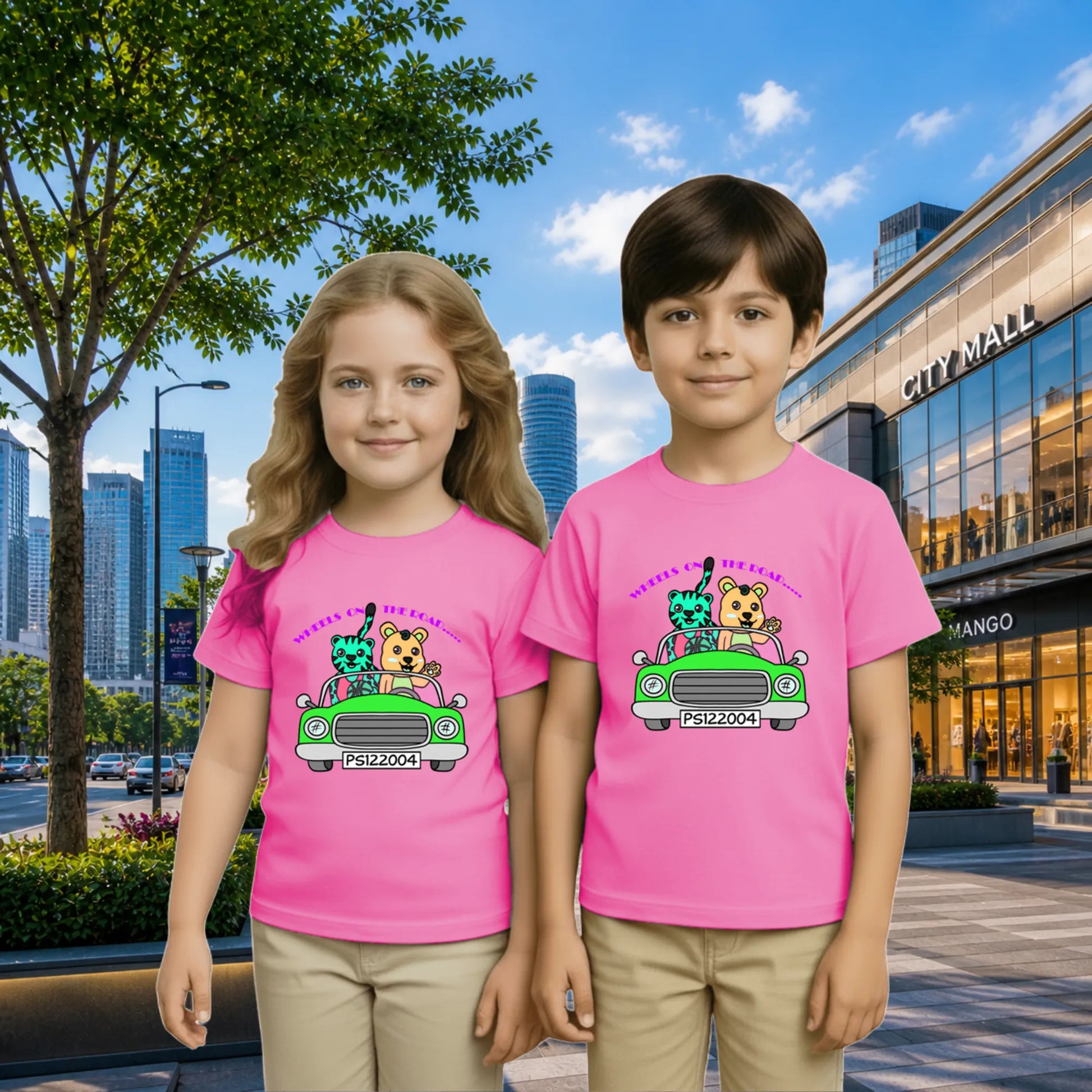 Lifestyle image of PaintzStories artistic kids t-shirt featuring Tiger and Bear on the Road artwork with colourful illustration, premium cotton comfort, designer kids tshirt, and artist tees.