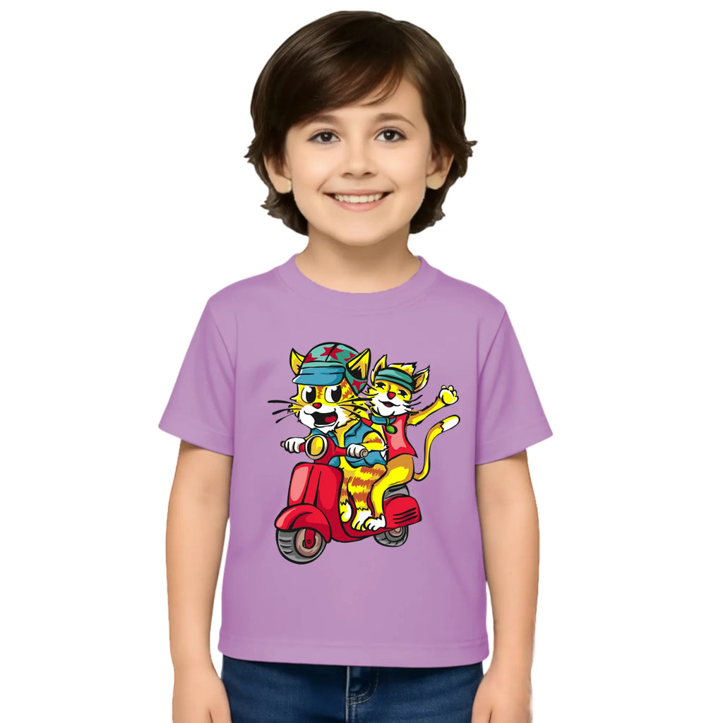 Main view of PaintzStories artistic kids t-shirt featuring Trendy Cats: Joyful Ride Along the Coastline - Light artwork with colourful illustration, premium cotton comfort, artwork on tshirt, and kids artistic t-shirt.