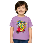 Main view of PaintzStories artistic kids t-shirt featuring Trendy Cats: Joyful Ride Along the Coastline - Light artwork with colourful illustration, premium cotton comfort, artwork on tshirt, and kids artistic t-shirt.