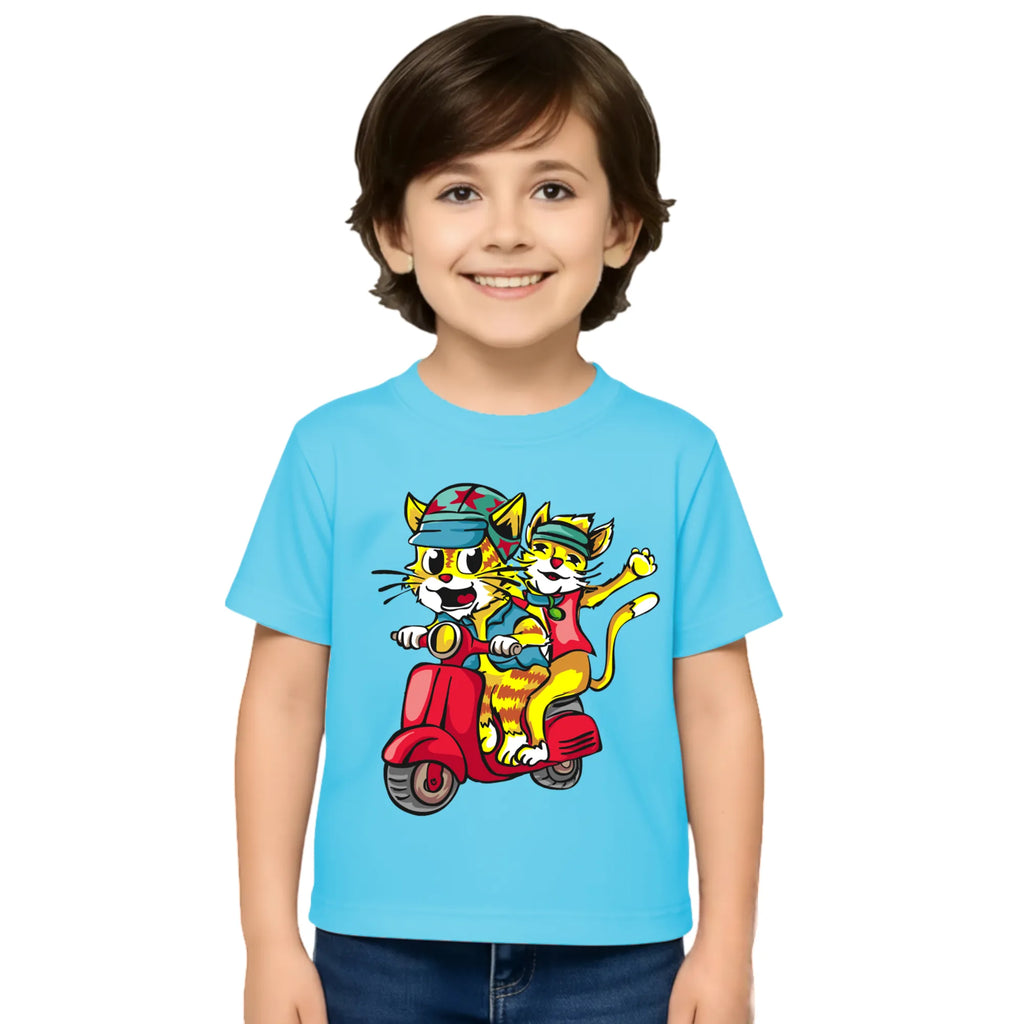 Main view of PaintzStories artistic kids t-shirt featuring Trendy Cats: Joyful Ride Along the Coastline - Light Blue artwork with colourful illustration, premium cotton comfort, art tee shirt, and gift for young artists.