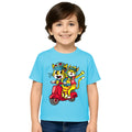 Main view of PaintzStories artistic kids t-shirt featuring Trendy Cats: Joyful Ride Along the Coastline - Light Blue artwork with colourful illustration, premium cotton comfort, art tee shirt, and gift for young artists.