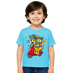 Main view of PaintzStories artistic kids t-shirt featuring Trendy Cats: Joyful Ride Along the Coastline - Light Blue artwork with colourful illustration, premium cotton comfort, art tee shirt, and gift for young artists.