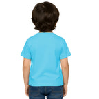 Back side of PaintzStories artistic kids t-shirt featuring Trendy Cats: Joyful Ride Along the Coastline - Light Blue artwork with colourful illustration, premium cotton comfort, creative kids fashion, and colourful kids wear.