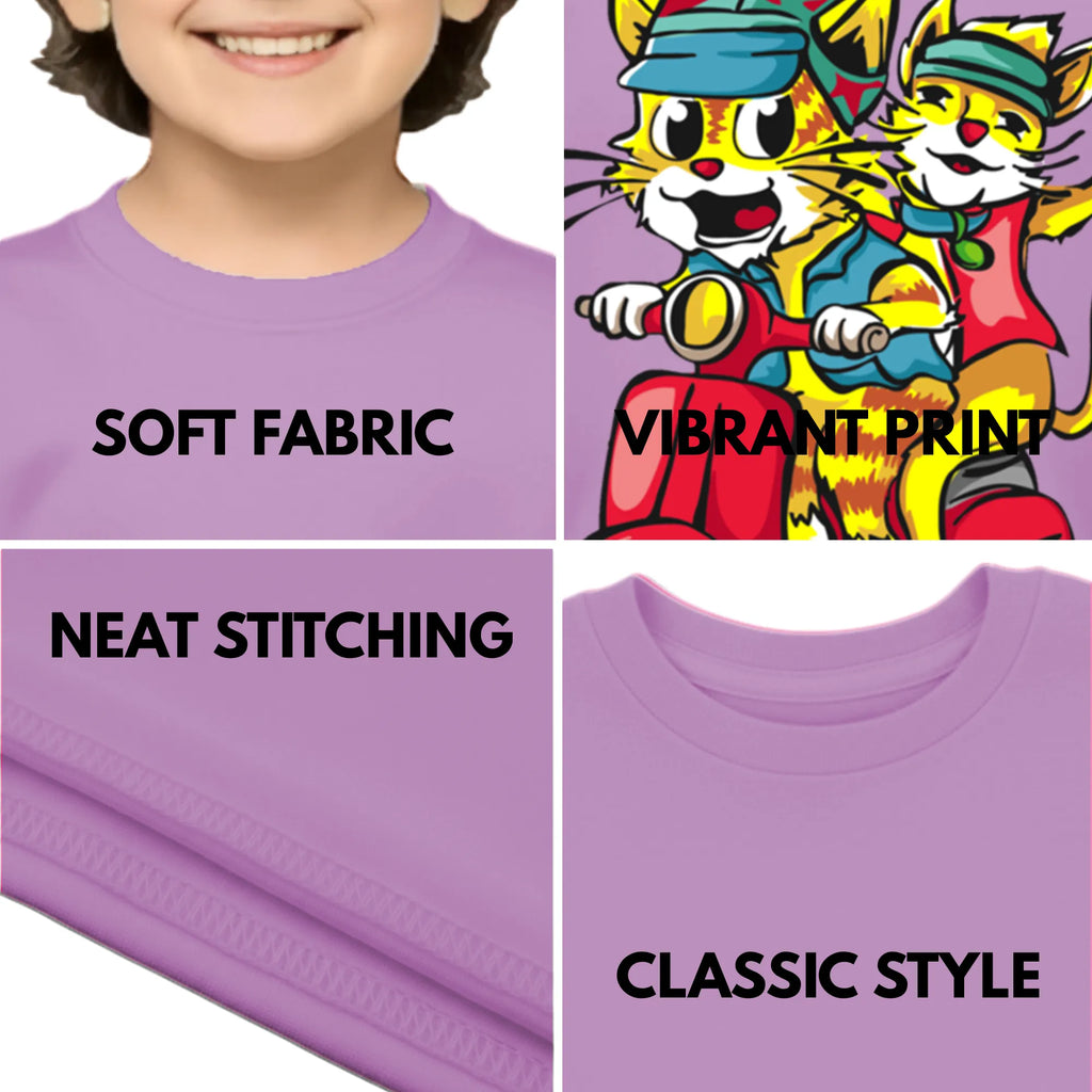 Feature highlights of PaintzStories artistic kids t-shirt featuring Trendy Cats: Joyful Ride Along the Coastline - Light artwork with colourful illustration, premium cotton comfort, artwork on tshirt, and unisex cotton tshirt.