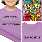 Feature highlights of PaintzStories artistic kids t-shirt featuring Trendy Cats: Joyful Ride Along the Coastline - Light artwork with colourful illustration, premium cotton comfort, artwork on tshirt, and unisex cotton tshirt.
