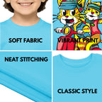 Feature highlights of PaintzStories artistic kids t-shirt featuring Trendy Cats: Joyful Ride Along the Coastline - Light Blue artwork with colourful illustration, premium cotton comfort, artwork on tshirt, and designer kids tshirt.