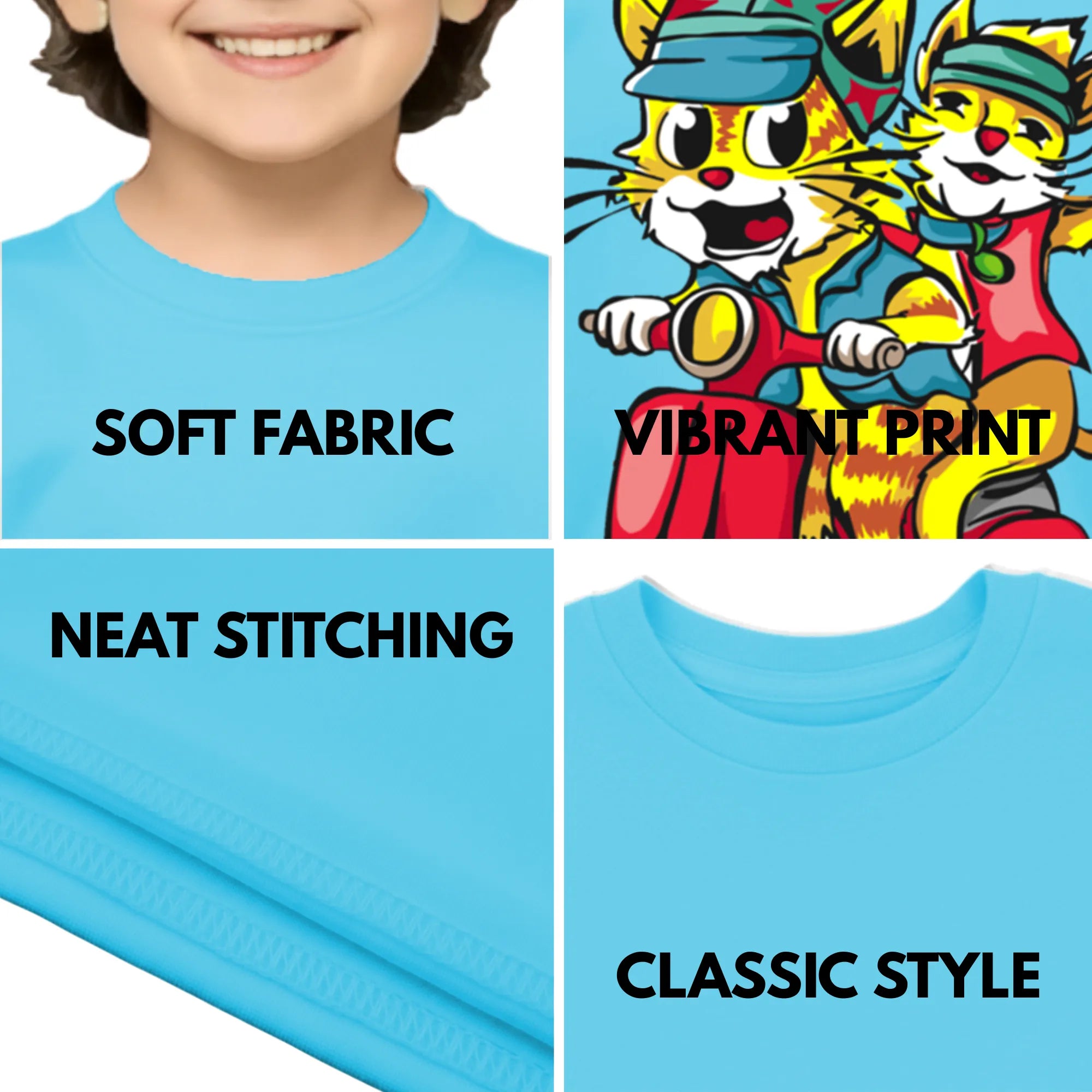 Feature highlights of PaintzStories artistic kids t-shirt featuring Trendy Cats: Joyful Ride Along the Coastline - Light Blue artwork with colourful illustration, premium cotton comfort, artwork on tshirt, and designer kids tshirt.