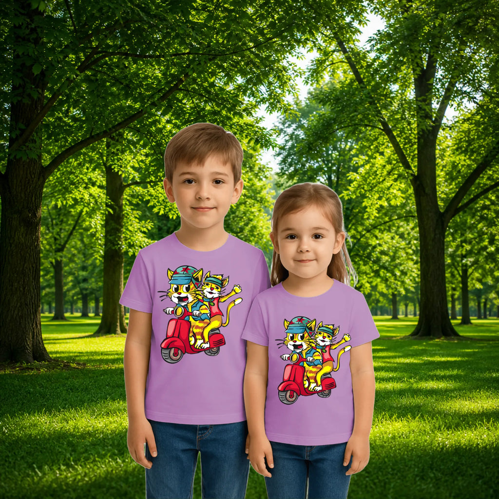 Sibling styling view of PaintzStories artistic kids t-shirt featuring Trendy Cats: Joyful Ride Along the Coastline - Light artwork with colourful illustration, premium cotton comfort, birthday gift for kids, and creative kids fashion.
