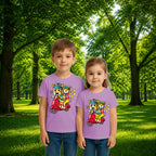 Sibling styling view of PaintzStories artistic kids t-shirt featuring Trendy Cats: Joyful Ride Along the Coastline - Light artwork with colourful illustration, premium cotton comfort, birthday gift for kids, and creative kids fashion.