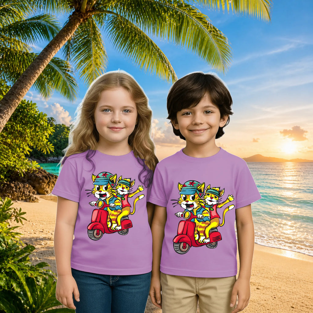 Lifestyle image of PaintzStories artistic kids t-shirt featuring Trendy Cats: Joyful Ride Along the Coastline - Light artwork with colourful illustration, premium cotton comfort, artist tees, and artwork on tshirt.