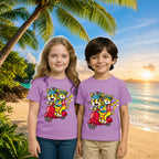 Lifestyle image of PaintzStories artistic kids t-shirt featuring Trendy Cats: Joyful Ride Along the Coastline - Light artwork with colourful illustration, premium cotton comfort, artist tees, and artwork on tshirt.