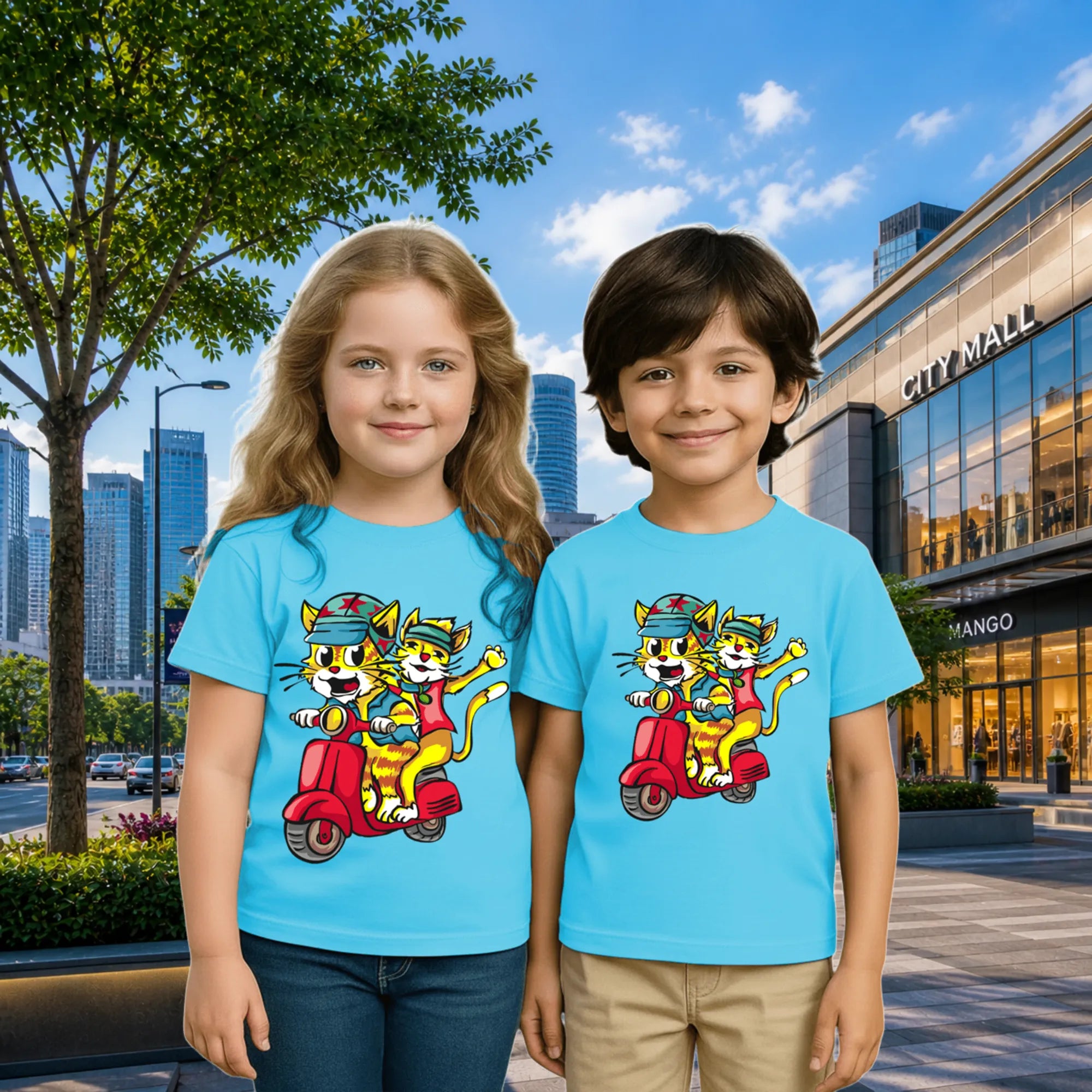 Lifestyle image of PaintzStories artistic kids t-shirt featuring Trendy Cats: Joyful Ride Along the Coastline - Light Blue artwork with colourful illustration, premium cotton comfort, kids artistic t-shirt, and colourful kids wear.