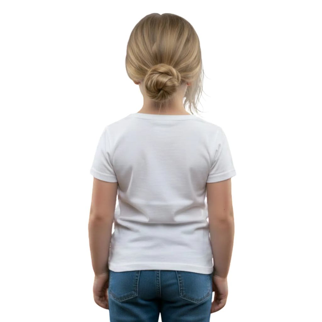 Back side of PaintzStories artistic kids t-shirt featuring Two Adventurous Penguins - White artwork with colourful illustration, premium cotton comfort, colourful kids wear, and gift for young artists.