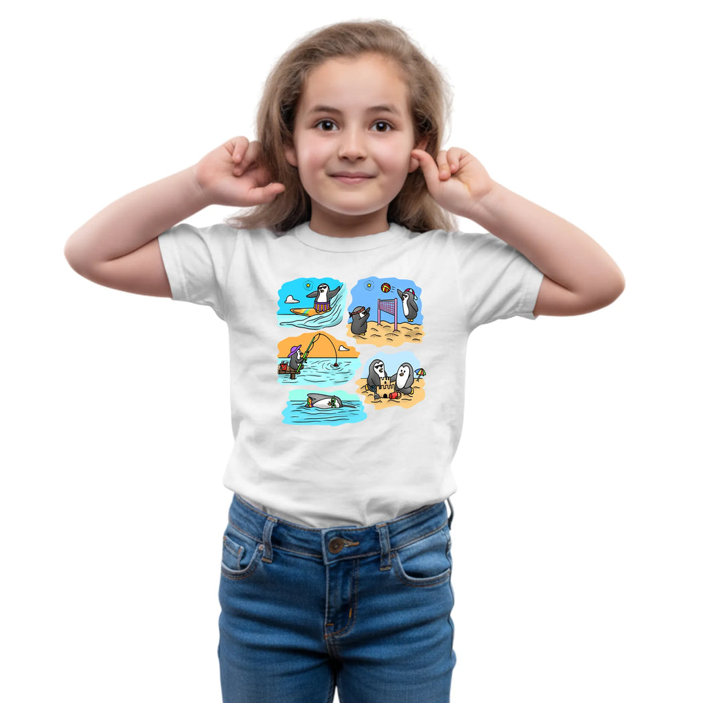 Main view of PaintzStories artistic kids t-shirt featuring Two Adventurous Penguins - White artwork with colourful illustration, premium cotton comfort, art tee shirt, and designer kids tshirt.
