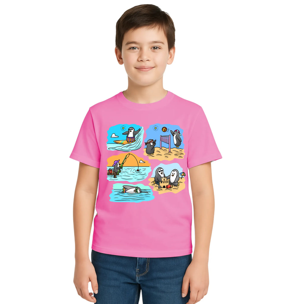 Main view of PaintzStories artistic kids t-shirt featuring Two Adventurous Penguins - Light Pink artwork with colourful illustration, premium cotton comfort, colourful kids wear, and unisex cotton tshirt.