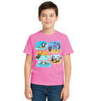 Main view of PaintzStories artistic kids t-shirt featuring Two Adventurous Penguins - Light Pink artwork with colourful illustration, premium cotton comfort, colourful kids wear, and unisex cotton tshirt.