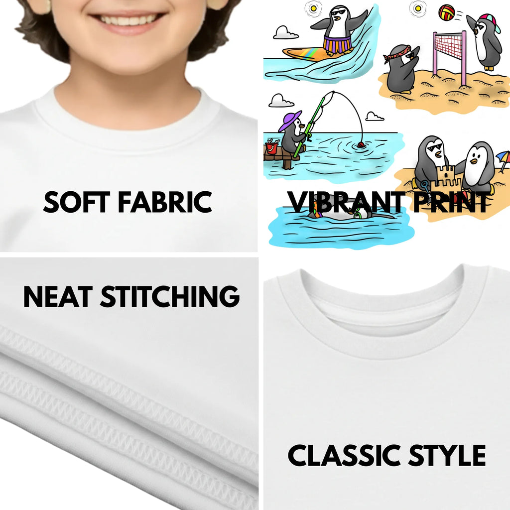 Feature highlights of PaintzStories artistic kids t-shirt featuring Two Adventurous Penguins - White artwork with colourful illustration, premium cotton comfort, unisex cotton tshirt, and colourful kids wear.