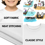 Feature highlights of PaintzStories artistic kids t-shirt featuring Two Adventurous Penguins - White artwork with colourful illustration, premium cotton comfort, unisex cotton tshirt, and colourful kids wear.