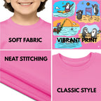 Feature highlights of PaintzStories artistic kids t-shirt featuring Two Adventurous Penguins - Light Pink artwork with colourful illustration, premium cotton comfort, designer kids tshirt, and artwork on tshirt.