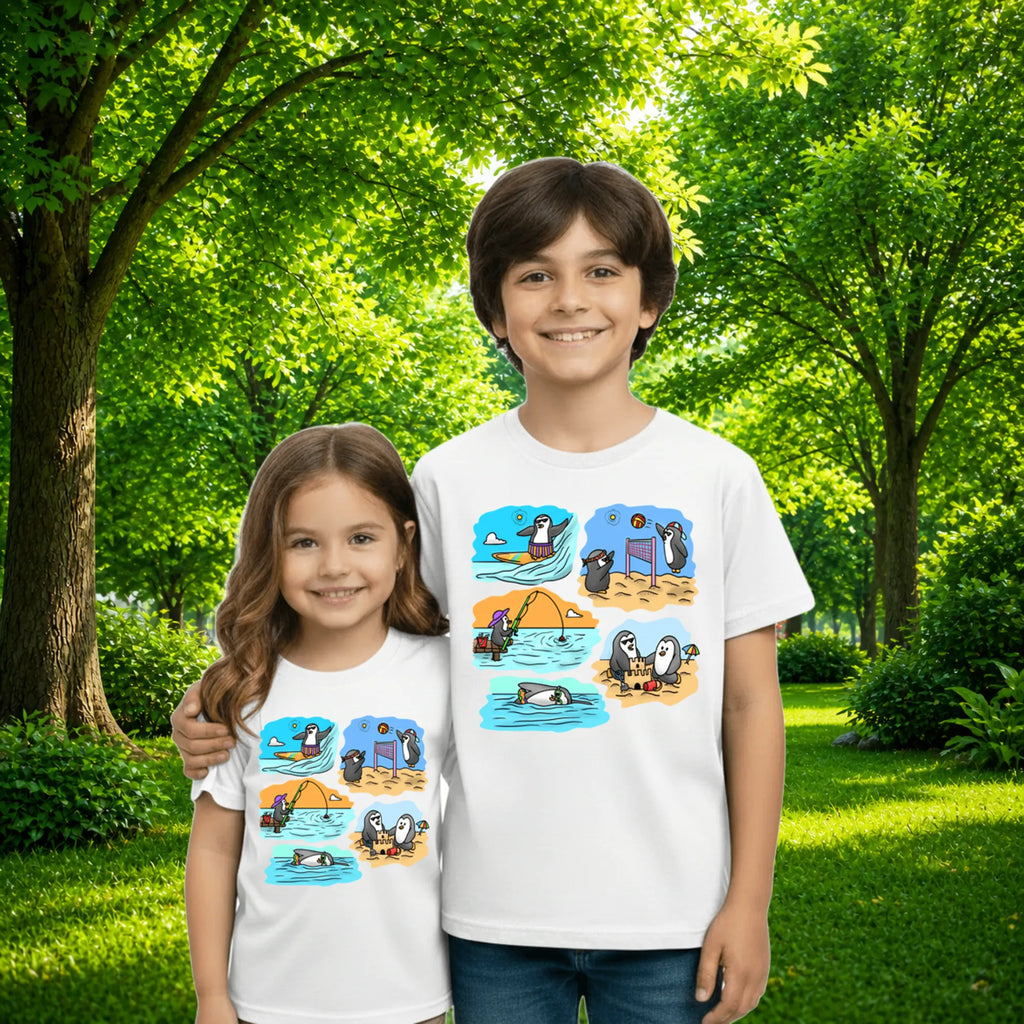 Sibling styling view of PaintzStories artistic kids t-shirt featuring Two Adventurous Penguins - White artwork with colourful illustration, premium cotton comfort, colourful kids wear, and gift for young artists.