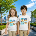 Lifestyle image of PaintzStories artistic kids t-shirt featuring Two Adventurous Penguins - White artwork with colourful illustration, premium cotton comfort, art tee shirt, and colourful kids wear.
