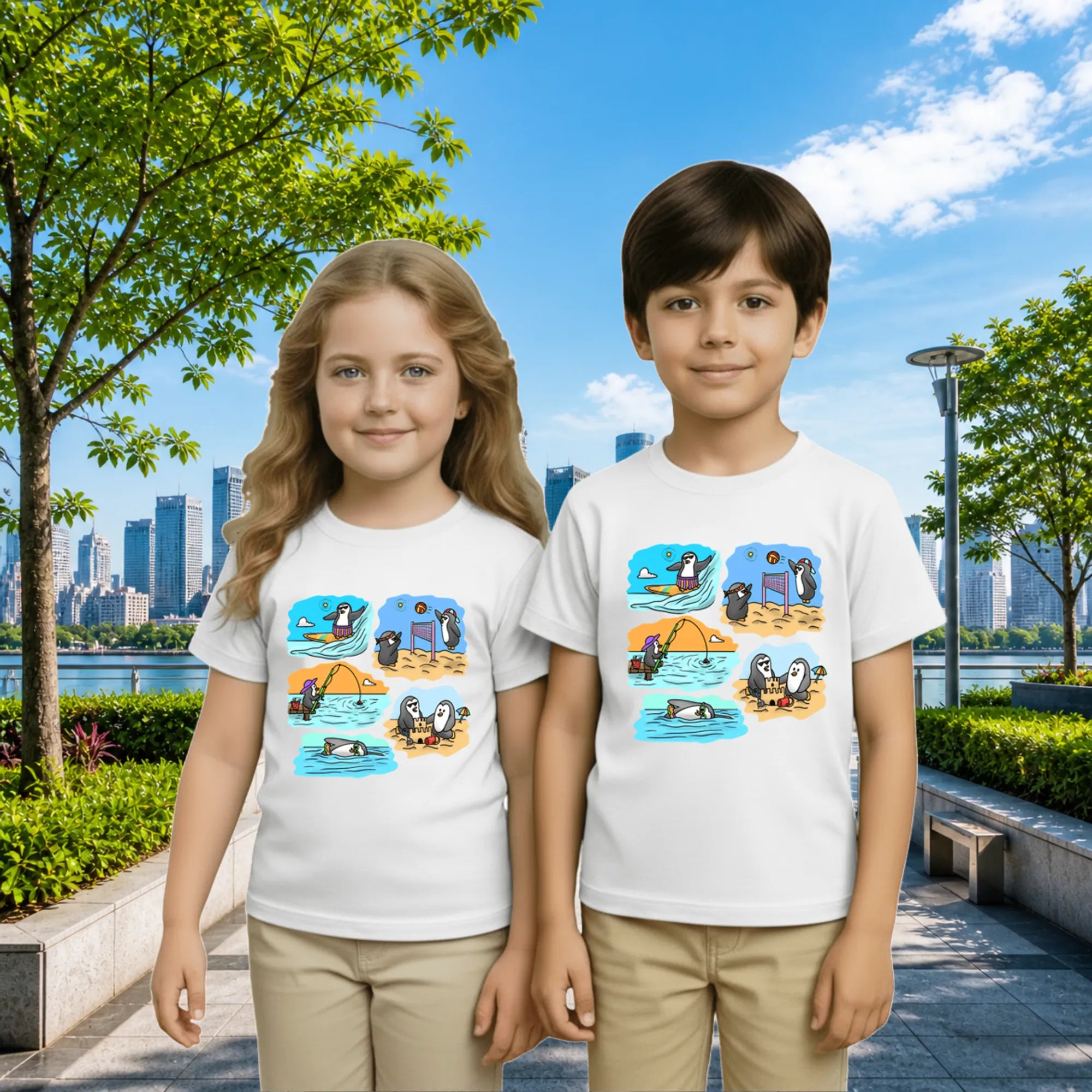 Lifestyle image of PaintzStories artistic kids t-shirt featuring Two Adventurous Penguins - White artwork with colourful illustration, premium cotton comfort, art tee shirt, and colourful kids wear.