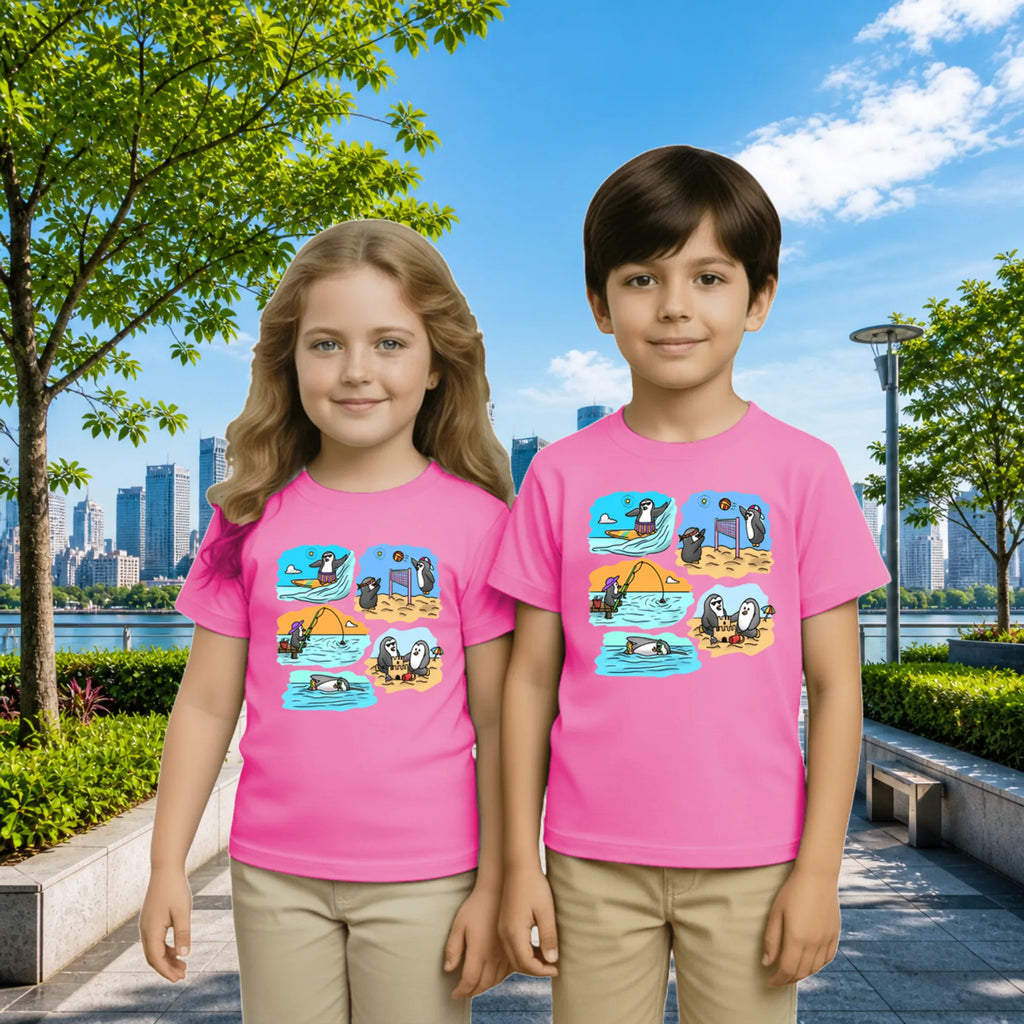 Lifestyle image of PaintzStories artistic kids t-shirt featuring Two Adventurous Penguins - Light Pink artwork with colourful illustration, premium cotton comfort, artwork on tshirt, and creative kids fashion.