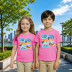 Lifestyle image of PaintzStories artistic kids t-shirt featuring Two Adventurous Penguins - Light Pink artwork with colourful illustration, premium cotton comfort, artwork on tshirt, and creative kids fashion.