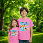 Sibling styling view of PaintzStories artistic kids t-shirt featuring Two Adventurous Penguins - Light Pink artwork with colourful illustration, premium cotton comfort, birthday gift for kids, and art tee shirt.