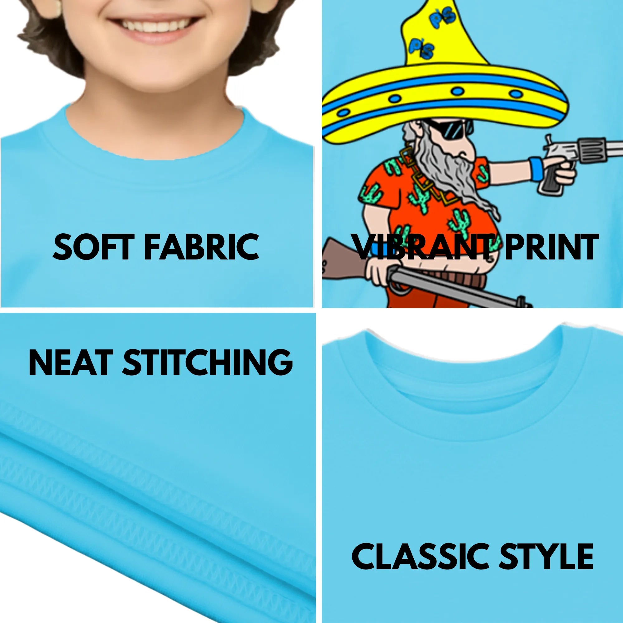 Feature highlights of PaintzStories artistic kids t-shirt featuring Wild Man's Intention artwork with colourful illustration, premium cotton comfort, colourful kids wear, and creative kids fashion.