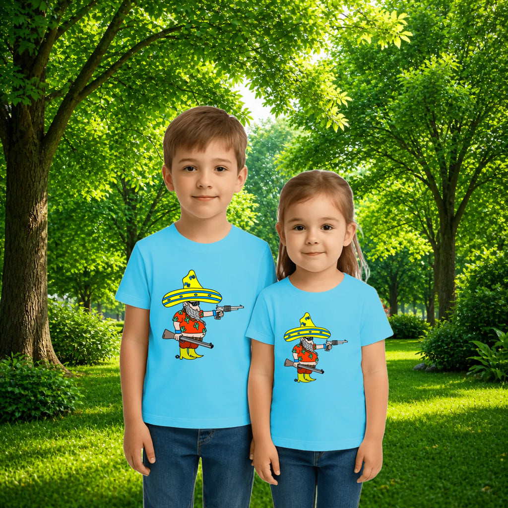 Sibling styling view of PaintzStories artistic kids t-shirt featuring Wild Man's Intention artwork with colourful illustration, premium cotton comfort, art tee shirt, and birthday gift for kids.