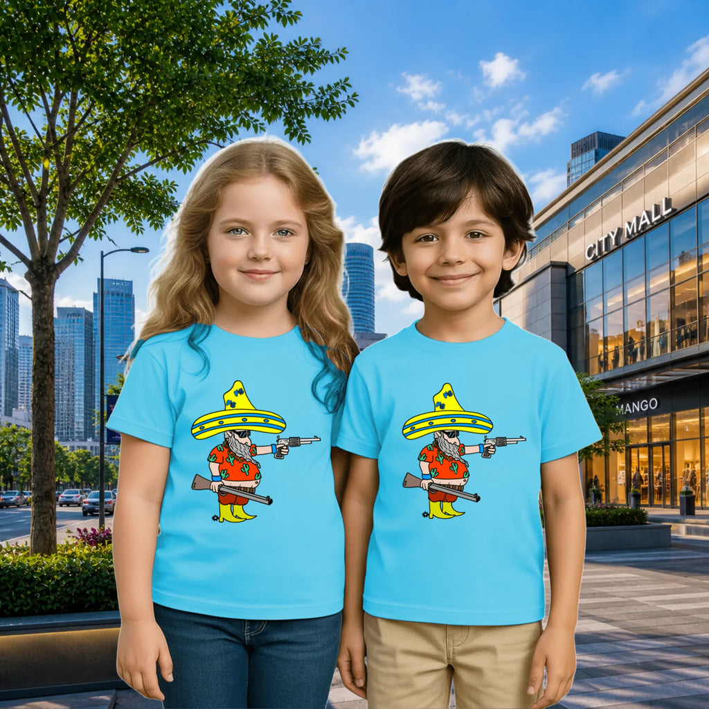 Lifestyle image of PaintzStories artistic kids t-shirt featuring Wild Man's Intention artwork with colourful illustration, premium cotton comfort, creative kids fashion, and artwork on tshirt.