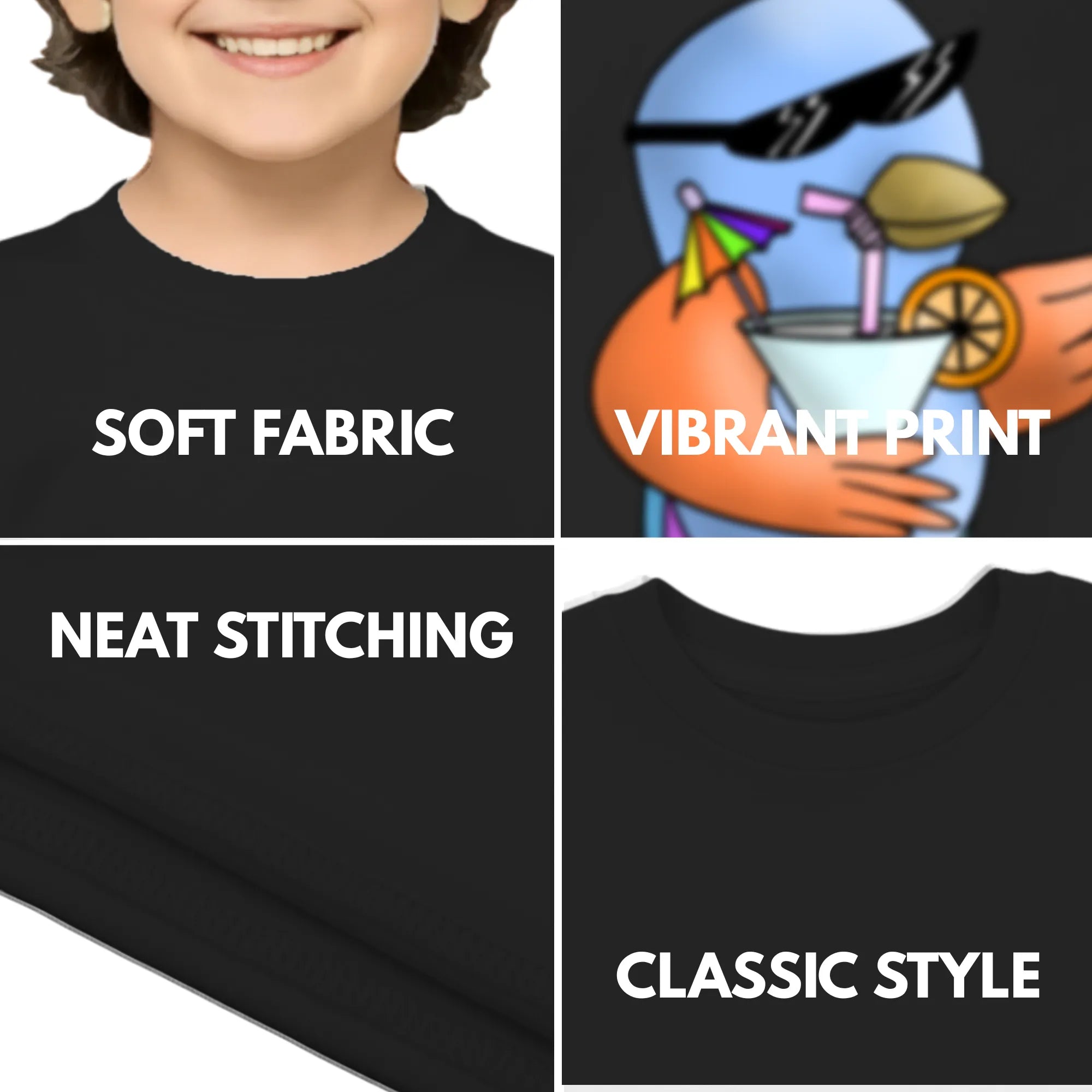 Feature highlights of PaintzStories artistic kids t-shirt featuring Five Colourful Birds: The First Bird artwork with colourful illustration, premium cotton comfort, artist tees, and birthday gift for kids.