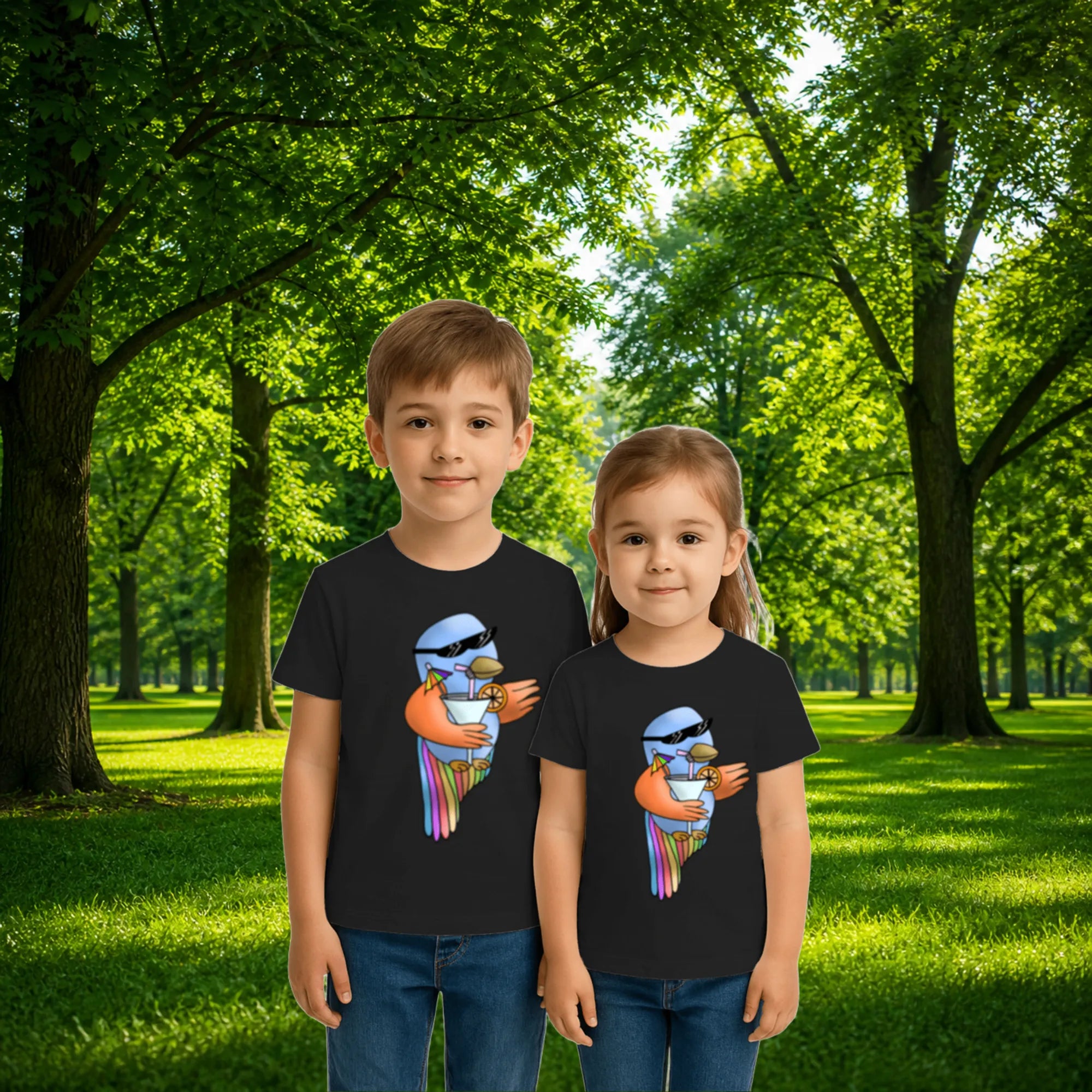 Sibling styling view of PaintzStories artistic kids t-shirt featuring Five Colourful Birds: The First Bird artwork with colourful illustration, premium cotton comfort, art tee shirt, and kids artistic t-shirt.