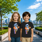 Lifestyle image of PaintzStories artistic kids t-shirt featuring Five Colourful Birds: The First Bird artwork with colourful illustration, premium cotton comfort, kids artistic t-shirt, and colourful kids wear.