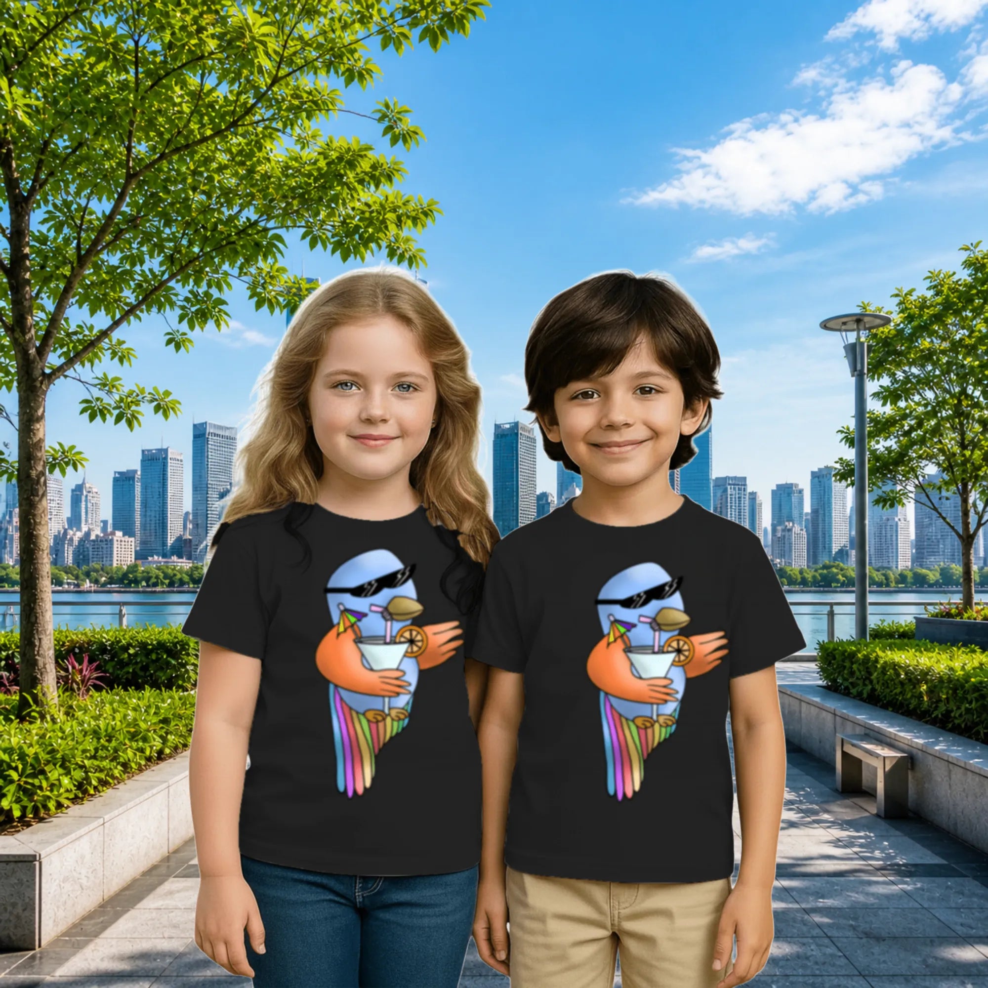 Lifestyle image of PaintzStories artistic kids t-shirt featuring Five Colourful Birds: The First Bird artwork with colourful illustration, premium cotton comfort, kids artistic t-shirt, and colourful kids wear.