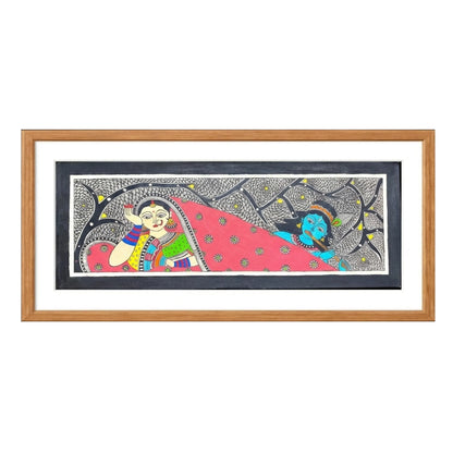 Madhubani painting Krishna Flute Dance, handmade Mithila art wall decor, size 30 x 11 inch