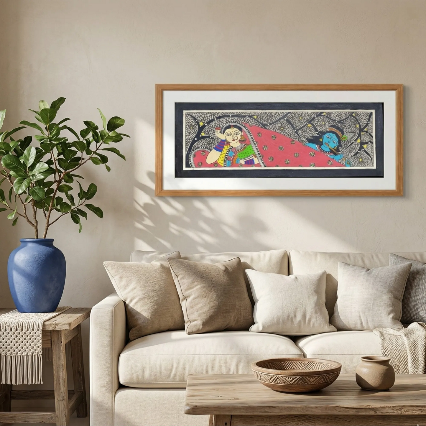 Krishna Flute Dance artwork above sofa