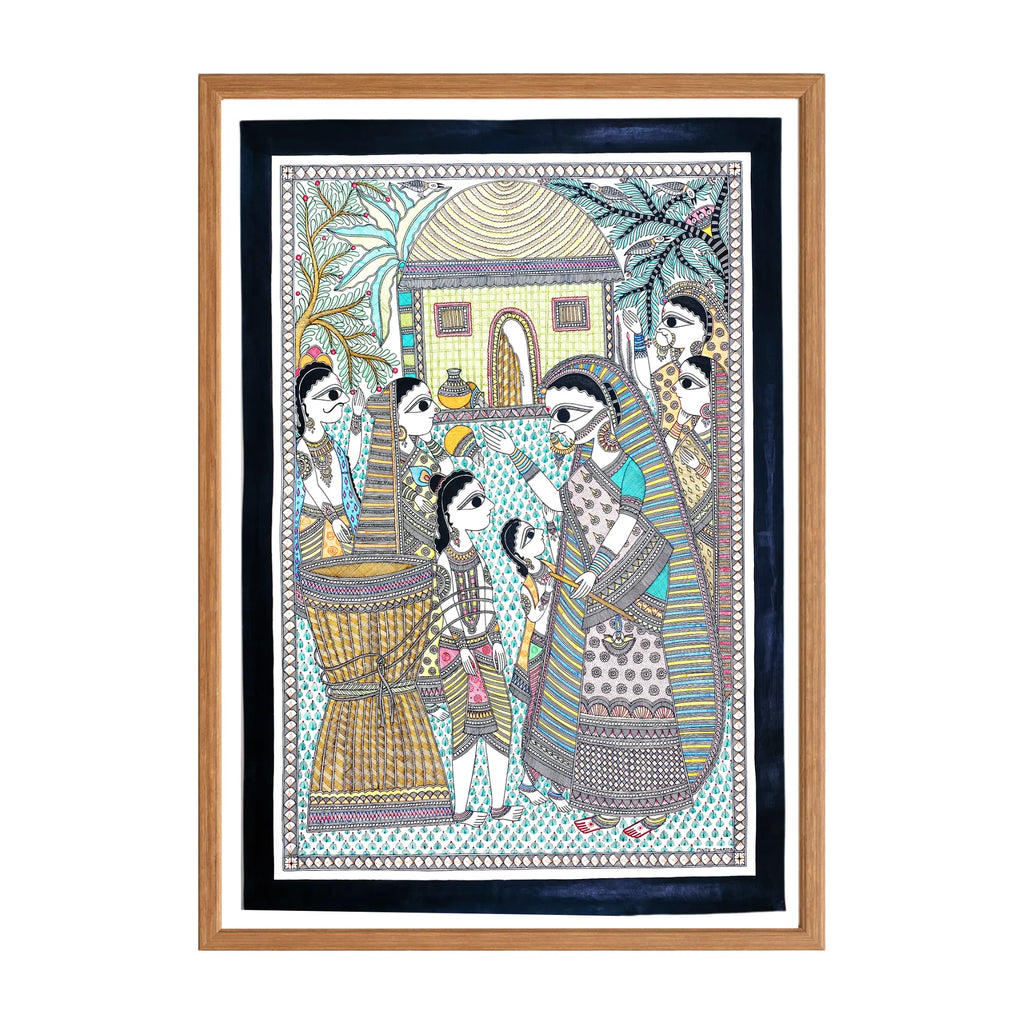 Madhubani painting Krishna Mischief, handmade Mithila art wall decor, size 22 x 30 inch