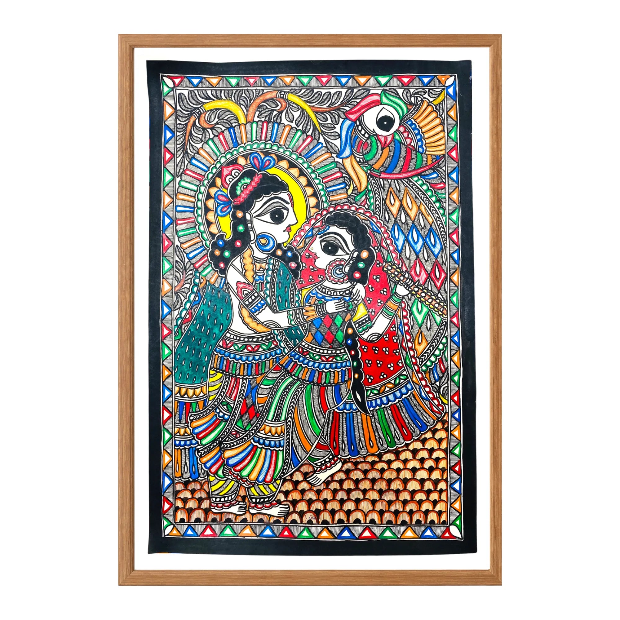 Madhubani painting Krishna Radha Courtship, handmade Mithila art wall decor, size 22 x 15 inch