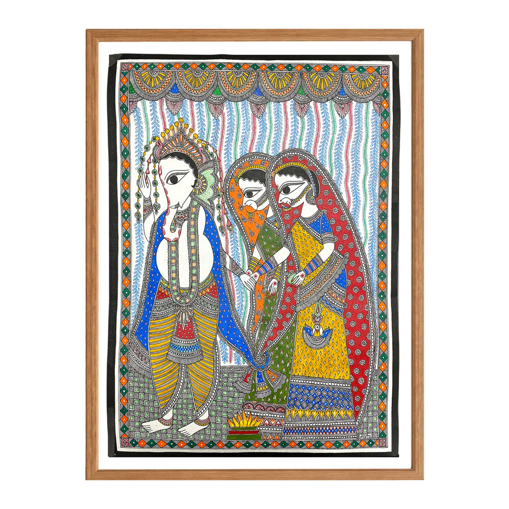 Madhubani painting Ganesha Marriage, handmade Mithila art wall decor, size 15 x 22 inch