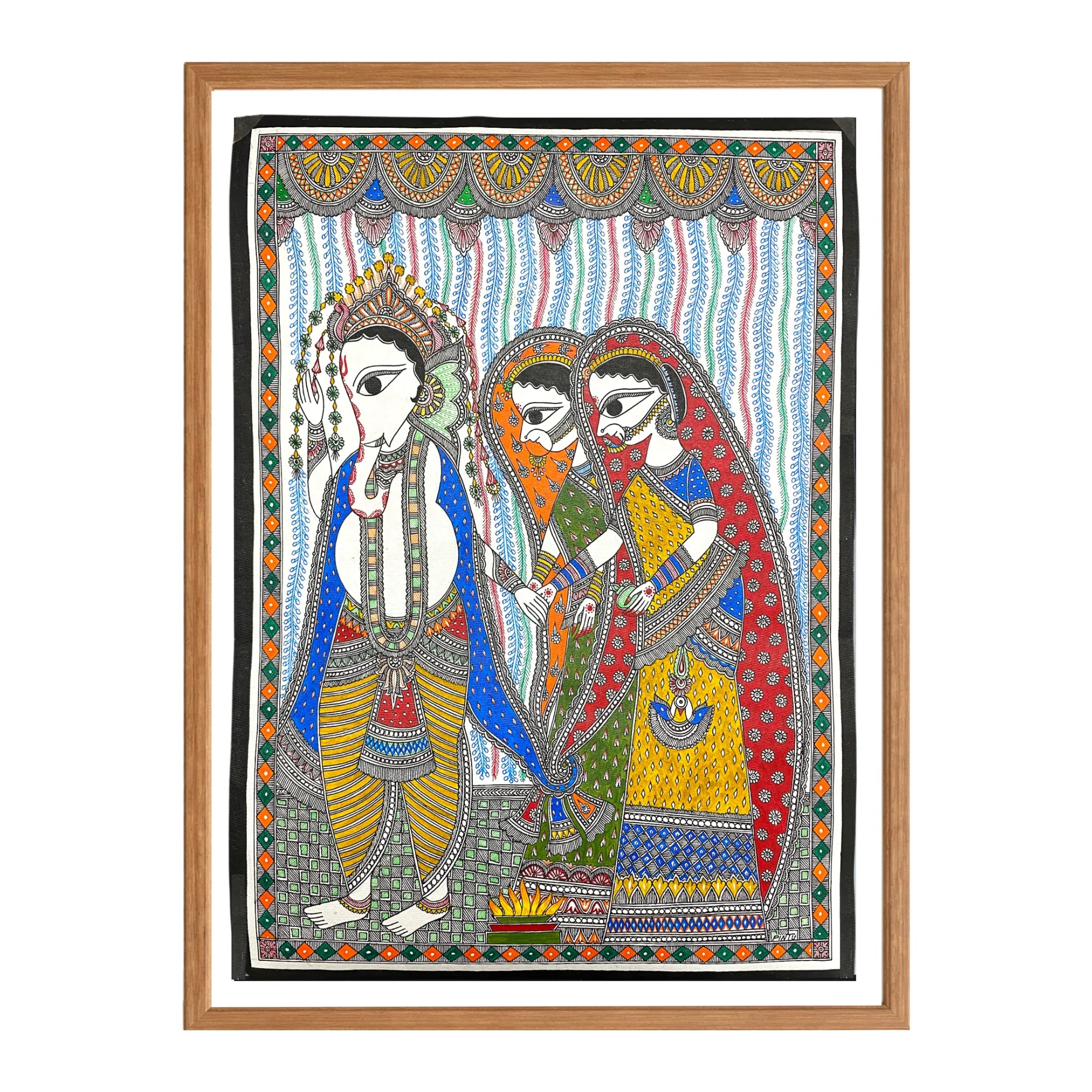 Madhubani painting Ganesha Marriage, handmade Mithila art wall decor, size 15 x 22 inch