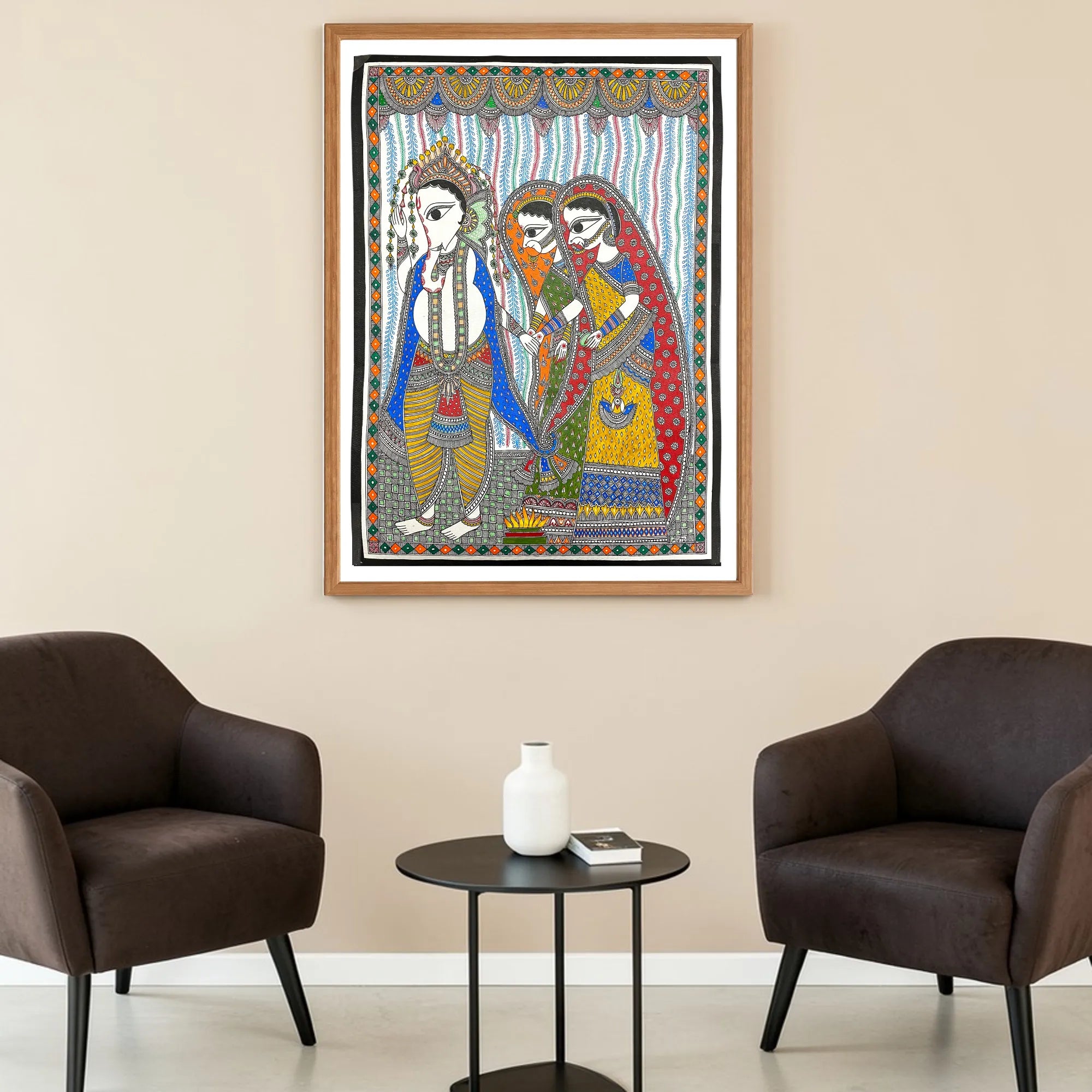 Ganesha Marriage artwork above sofa