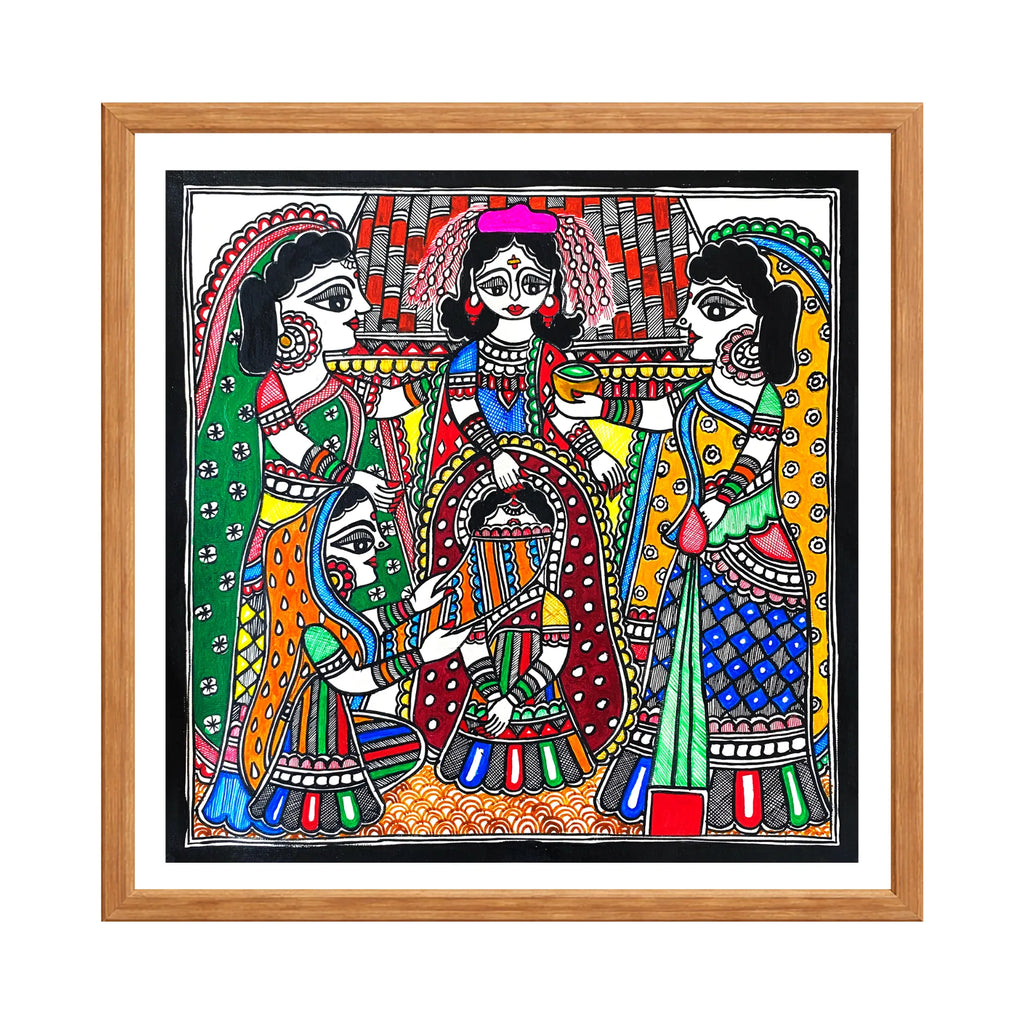 Madhubani painting Sindoor Daan, handmade Mithila art wall decor, size 12 x 12 inch