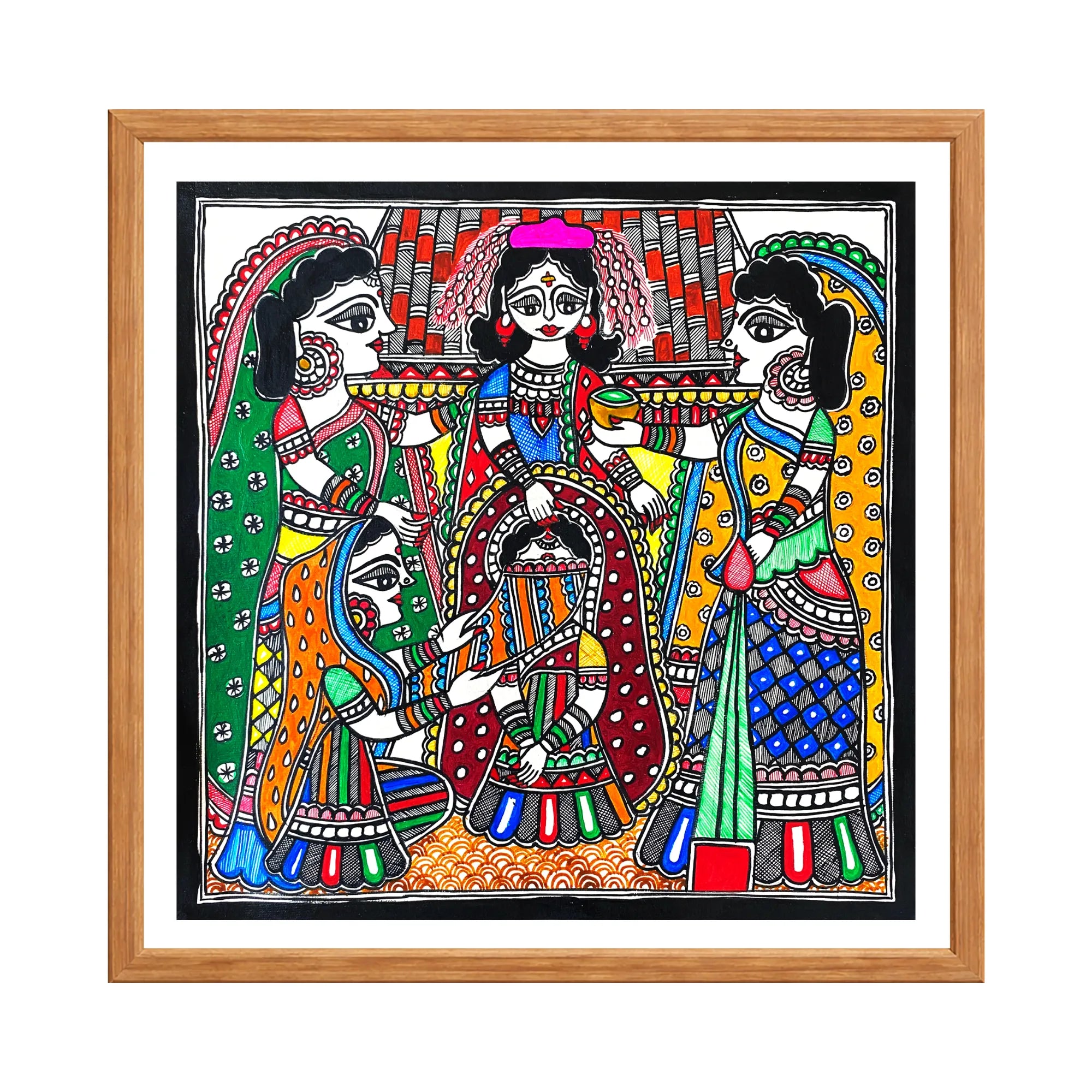 Madhubani painting Sindoor Daan, handmade Mithila art wall decor, size 12 x 12 inch