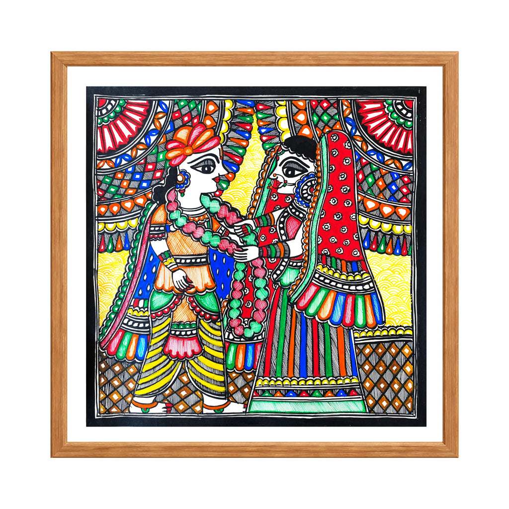 Madhubani painting Jai Mala, handmade Mithila art wall decor, size 12 x 12 inch