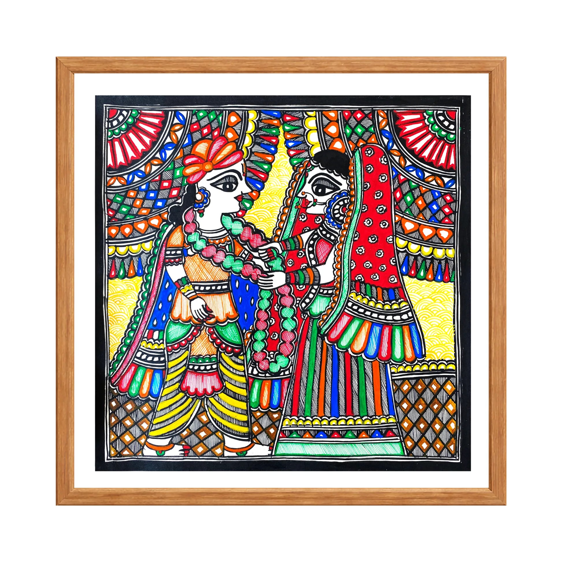 Madhubani painting Jai Mala, handmade Mithila art wall decor, size 12 x 12 inch