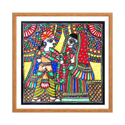 Madhubani painting Jai Mala, handmade Mithila art wall decor, size 12 x 12 inch