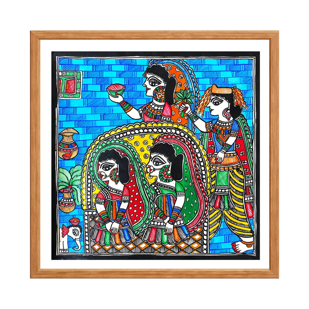 Madhubani painting Kanya Nirikshan, handmade Mithila art wall decor, size 12 x 12 inch