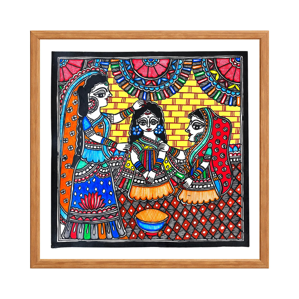 Madhubani painting Haldi Ceremony, handmade Mithila art wall decor, size 12 x 12 inch